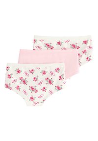 Tre par kvinnors trosor: ett par vita med rosa blommönster och rosett, två enfärgade rosa. Tillverkade av bomull, med medelhög midja och mjukt material.