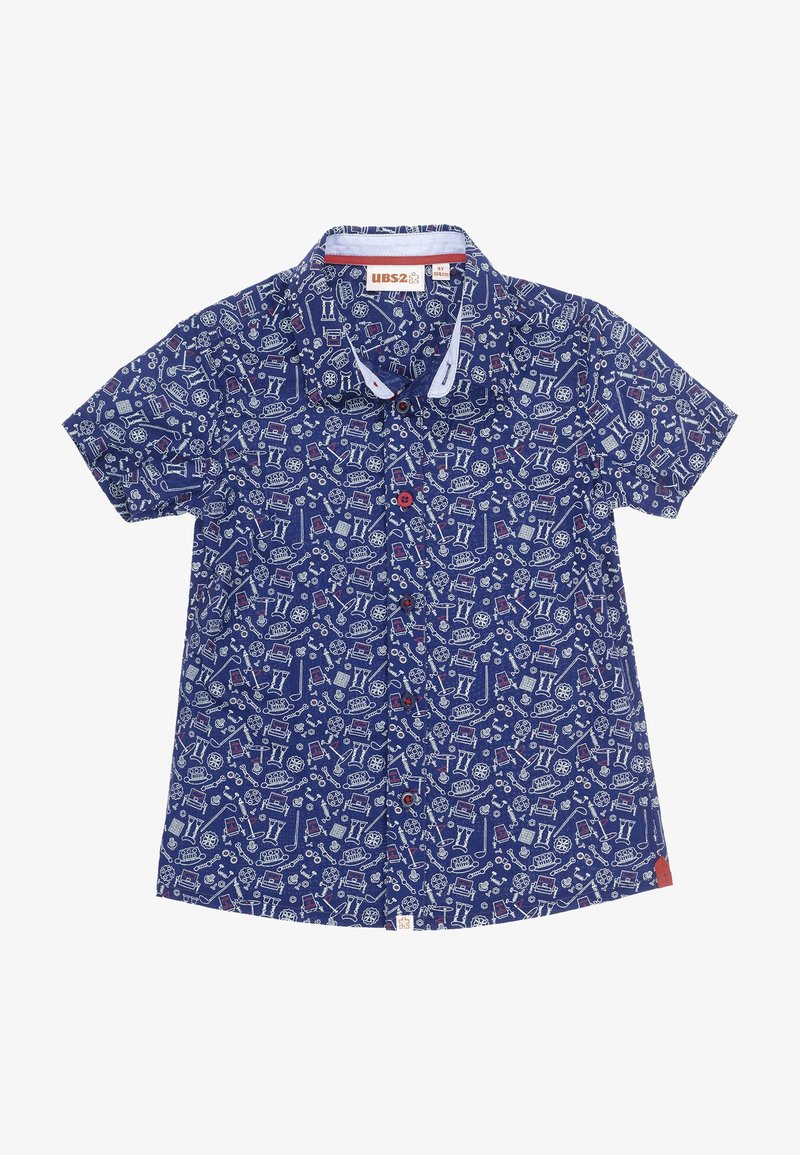Chemise marine à manches courtes avec une patte de boutonnage sur le devant et des illustrations à thème jeu en blanc et rouge partout.