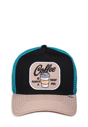 Casquette trucker noire et bleu sarcelle avec une visière beige comportant un patch beige où il est écrit « Coffee is always a good idea » avec une illustration d'une tasse de café.