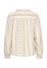 Blouse à manches longues en crème et beige avec des rayures verticales et des motifs géométriques. Caractéristiques : ourlet froncé et dos plissé.