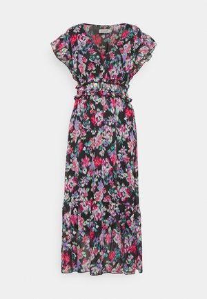 Schwarzes Maxikleid mit Blumenmuster, Rüschenärmeln, taillierter Taille und gestuftem Rock in Pink, Lila, Rot und Grün.