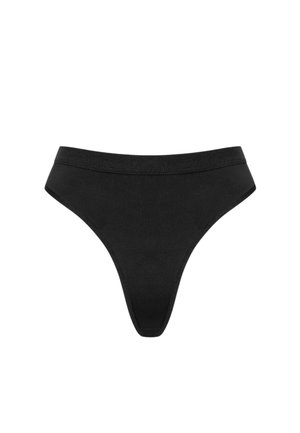 Schwarze Tangahose aus einem glatten Material mit einem schlichten Design und einem dünnen, elastischen Bund für einen bequemen Sitz.