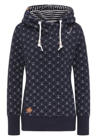 Sweat à capuche bleu marine avec motif d'ancre blanche, doublure intérieure rayée de la capuche, cordons blancs avec perles en bois, et poignets et ourlet côtelés.