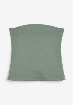 Grön, figurnära topp i mjukt tyg. Har en slät yta, rundad halsringning och rak fåll utan synlig hårdvara eller mönster.