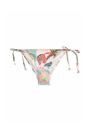 Low-rise bikini bottom with side ties, featuring colorful tropical prints of seashells, palm trees, a fish, and summer-themed text.