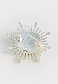 Ezüst bross napkitörés mintával. Hegyes sugarak, textúrált felület és csattal záródik a hátoldalon. Simább és fényes felület.