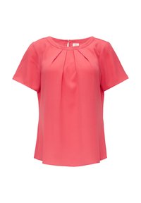 Kurzärmlige Bluse in lebhaftem Koralle, mit rundem Ausschnitt und Frontfalten, aus glattem, leichtem Stoff mit einem fließenden Schnitt.