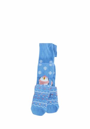 Blaue Strumpfhosen mit einem Pinguin-Motiv und Schneeflocken, verziert mit rosa und weißen Mustern in der Nähe der Knöchel. Weiches, dehnbares Material.