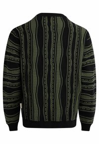 Strickpullover mit einem strukturierten Muster aus grünen und schwarzen Streifen, mit gerippten Bündchen und Saum, gestaltet mit einem Rundhalsausschnitt.