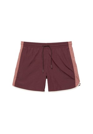 Short de bain marron avec des panneaux latéraux rose clair, une ceinture élastique et un cordon noir à l'avant.