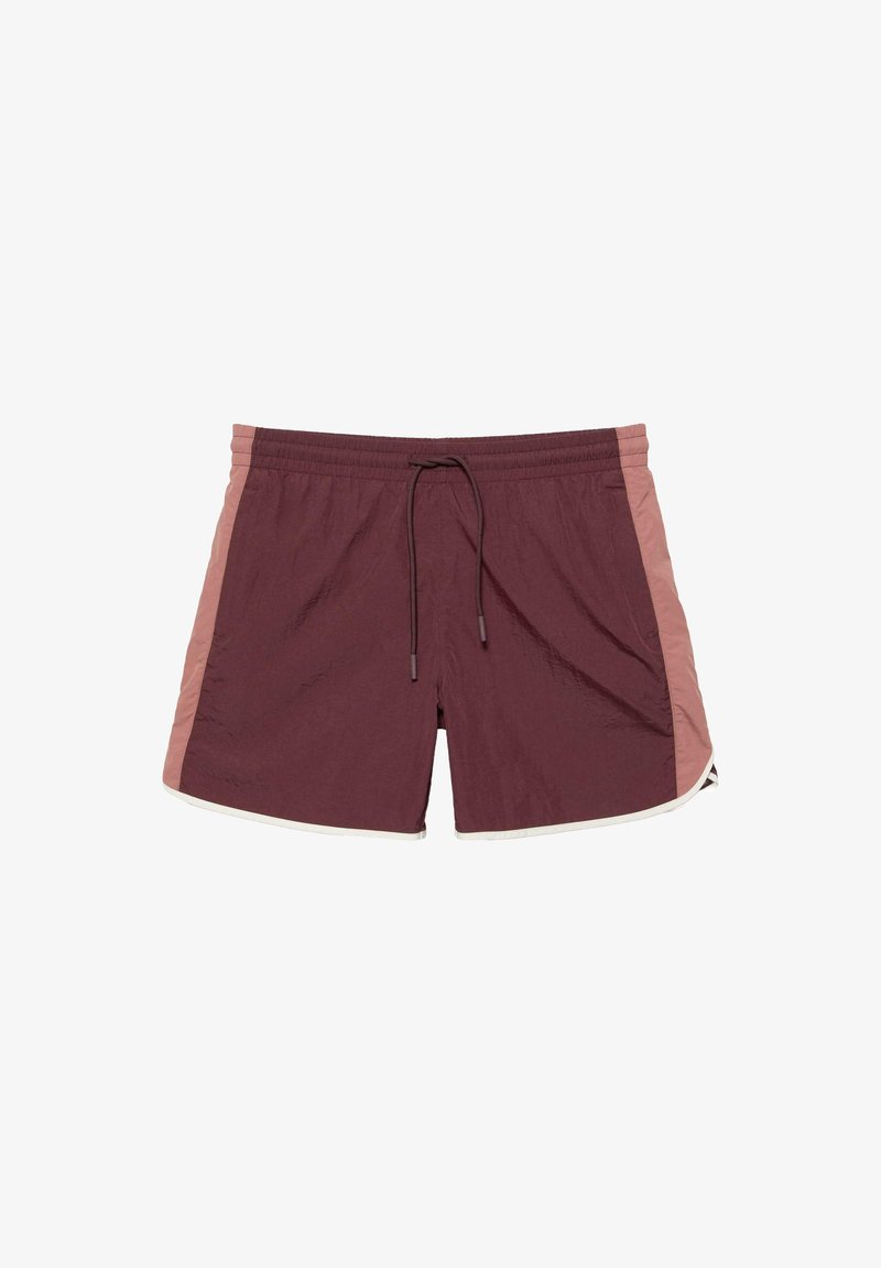 Short de bain marron avec des panneaux latéraux rose clair, une ceinture élastique et un cordon noir à l'avant.