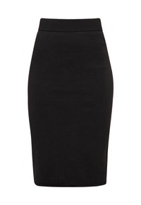 Gonna nera in tessuto elasticizzato. Presenta un regolabile in vita a coste e una silhouette elegante e aderente con orlo dritto.