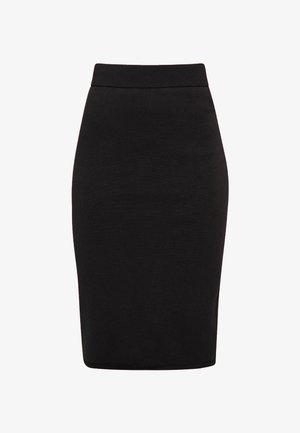 Fekete, rugalmas anyagból készült ceruzaszoknya. Bordás derékpánttal rendelkezik, sima, testhez álló fazonú, egyenes aljjal.