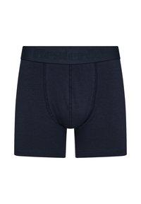 Navy blue boxer shorts made of soft fabric with a fitted design, featuring a comfortable waistband embossed with the brand name.