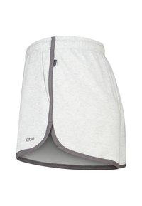 Hellgrauer Sportrock mit Kordelzugbund, grauen Besatz und seitlichen Schlitzen für Bewegungsfreiheit. Logo am Saum sichtbar.
