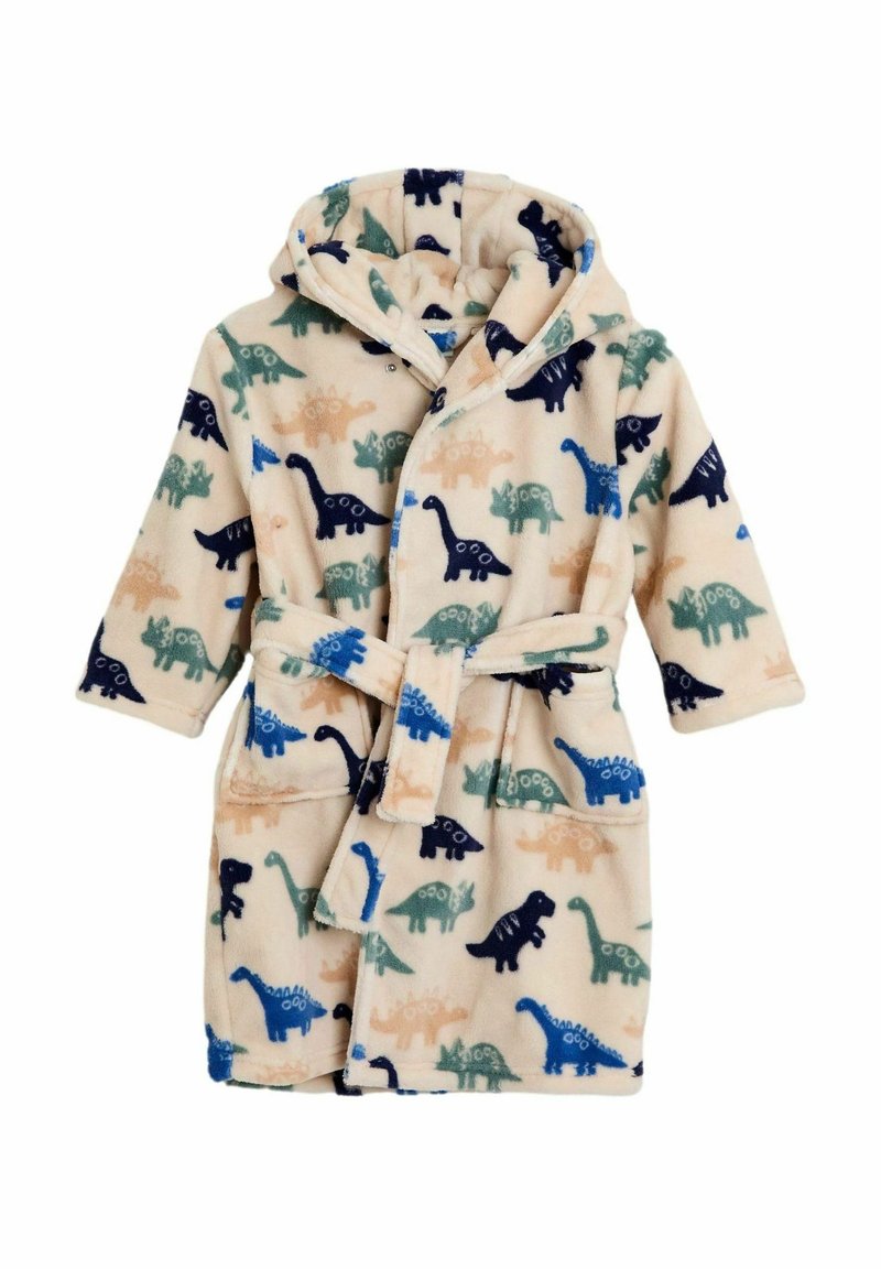 Fleece-Bademantel mit Kapuze, mit einem cremefarbenen Hintergrund und bunten Dinosaurier-Mustern in Grün, Blau und Marineblau. Enthält einen Bindegürtel und Taschen.