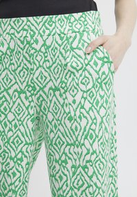 Gröna och vita mönstrade byxor med ett geometriskt mönster, tillverkade av ett slätt tyg. Inkluderar sidofickor och en midjehöjd i medelhöjd.