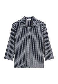 Marinebluse mit einem weißen Karomuster, die einen Kragen, lange Ärmel und eine durchgehende Knopfleiste hat. Leichter, lässiger Stoff.