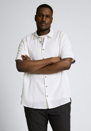 Erwachsener Mann mit verschränkten Armen, trägt ein weißes kurzärmeliges Hemd und dunkle Hose, steht vor schlichtem Hintergrund.