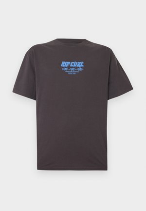 Dunkelgraues T-Shirt mit blauem Schriftzug "RIP CURL Hardcore Surfing Since 1969" und Wellen-Design mittig auf der Brust.