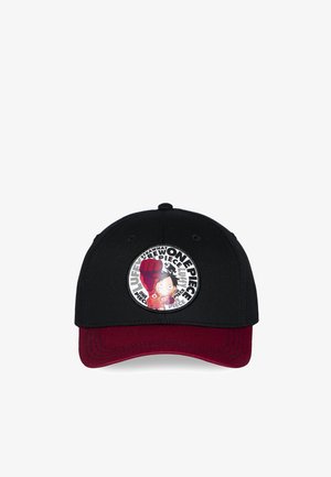 Casquette de baseball avec couronne noire et visière bordeaux, comportant un écusson circulaire d'un personnage de dessin animé en train de frapper, et le texte "One Piece".