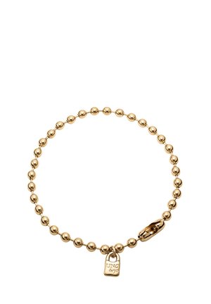 Pulsera de cuentas de oro que presenta cuentas redondas y un charm de cerradura decorativo. La superficie es brillante con una textura suave, mostrando un tamaño uniforme.