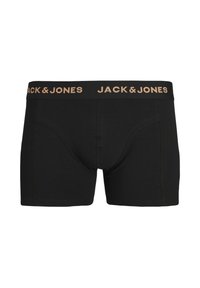 Black boxer briefs with a soft fabric, featuring a wide elastic waistband embossed with "JACK & JONES" in light brown text.