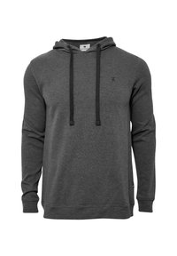 Mørkegrå hoodie lavet af blødt stof med lange ærmer, justerbar snor og et lille logo på brystet. Løs pasform, ribbede manchetter.