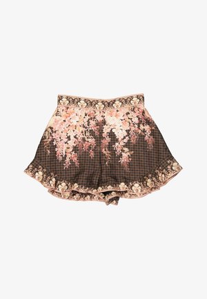 Shorts marron avec des motifs floraux roses et blancs et une bordure décorative le long de la taille et de l'ourlet.