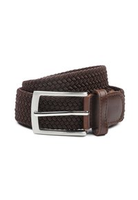 Woven brown belt with a textured pattern, silver rectangular buckle, and a dark brown leather tip. Flexible design for adjustable fit.