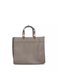 Grijze leren schoudertas met dubbele handvaten en goudkleurige accenten. Soepele textuur, minimalistisch ontwerp, vierkante vorm en geen zichtbare branding.