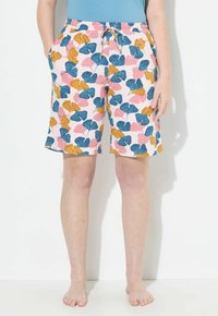 Gepatternde shorts met een roze achtergrond en blauwe en gouden ginkgo bladeren, met een trekkoord in de taille en zijzakken. Van katoen.