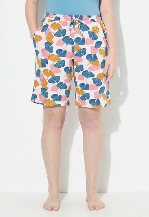 Shorts con fantasia con sfondo rosa e motivi di foglie di ginkgo blu e dorate, vita con cordino e tasche laterali. Materiale in cotone.