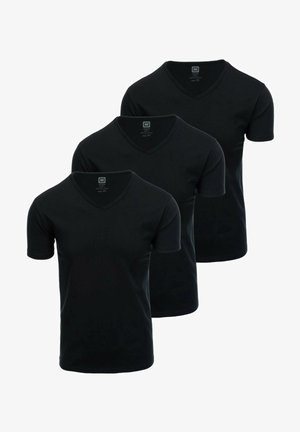Trzy czarne t-shirty z krótkim rękawem i dekoltem w serek, wykonane w 100% z bawełny, o gładkiej fakturze i prostym, klasycznym stylu.