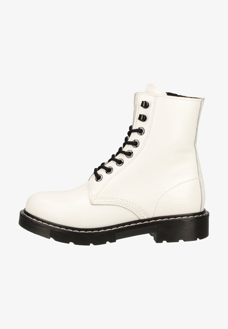 White leather lace-up ankle boot with black hardware, round toe, and textured black sole. Features contrasting stitching and padded collar.