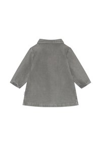 Szara długosleeve'owa kurtka dla niemowląt z kołnierzykiem, prosty design z tyłu i mała biała metka na lewej szwie bocznej.