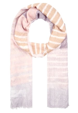 Écharpe en maille douce avec des rayures horizontales beige, rose et lavande et une texture subtile, présentée en boucle avec les extrémités à franges visibles.