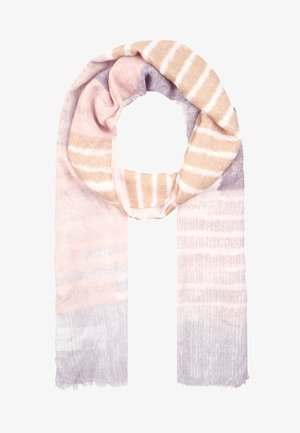 Écharpe en maille douce avec des rayures horizontales beige, rose et lavande et une texture subtile, présentée en boucle avec les extrémités à franges visibles.