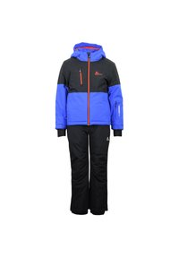 Chaqueta de esquí aislante colorida en azul y negro, con un zipper naranja, capucha ajustable y pantalones aislantes a juego.