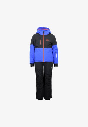 Veste de ski isolante colorée en bleu et noir, avec une fermeture éclair orange, une capuche réglable et un pantalon isolant assorti.