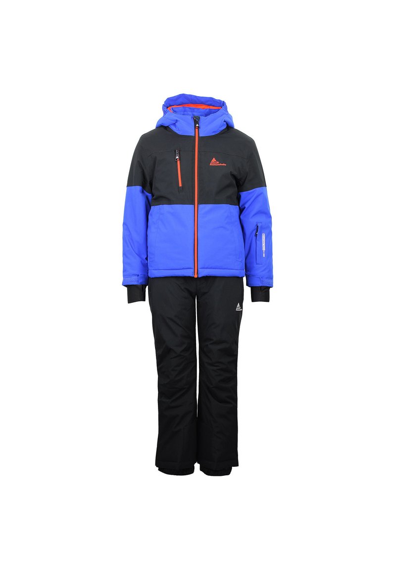 Chaqueta de esquí aislante colorida en azul y negro, con un zipper naranja, capucha ajustable y pantalones aislantes a juego.