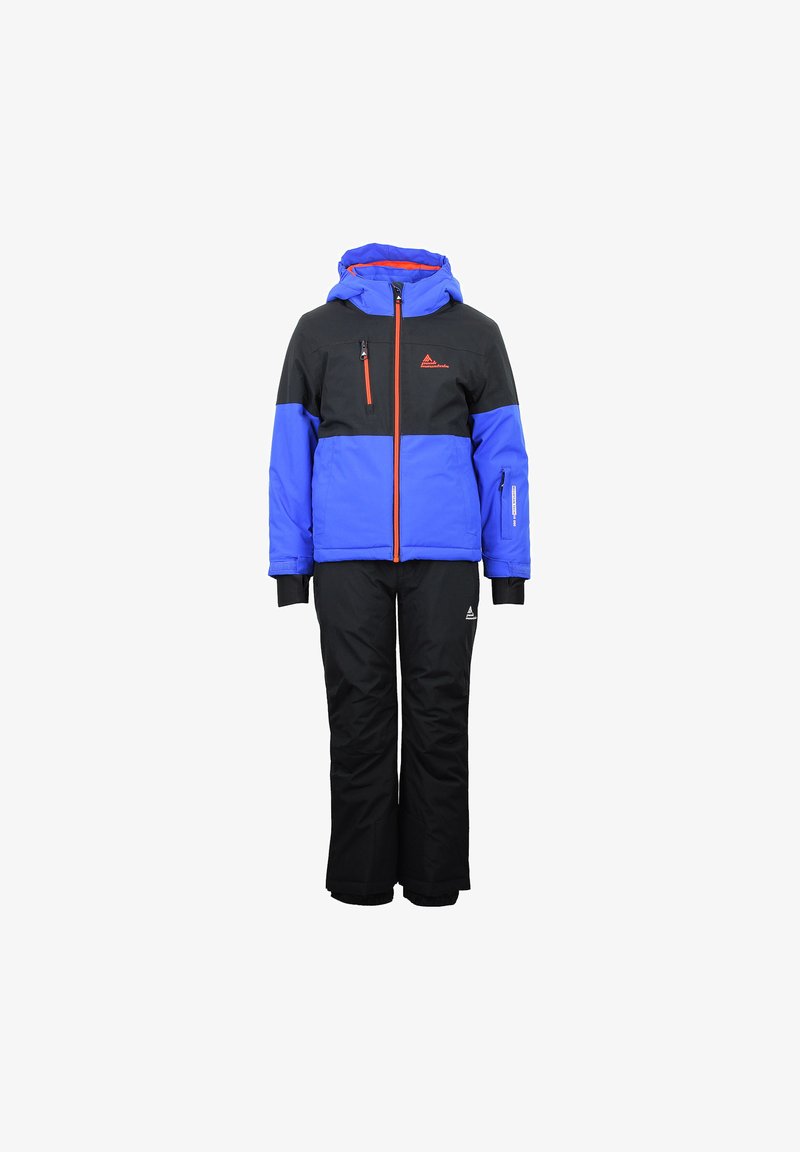 Farbige insulated Skijacke in Blau und Schwarz, mit einem orangefarbenen Reißverschluss, verstellbarer Kapuze und passenden isolierten Hosen.
