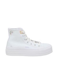 Høye hvite kanvas-sneakers med blomsterbroderi i pastellfarger, hvit gummisåle og snøring foran.