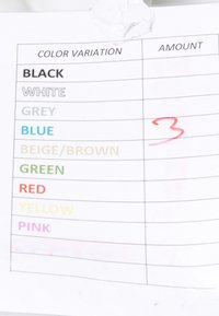 Table listant les variations de couleur avec le chiffre rouge 3 marqué dans la colonne Quantité à côté de Bleu.