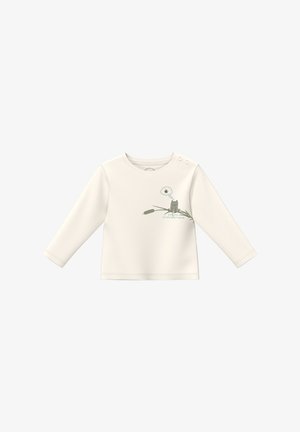 Chemise pour bébé à manches longues de couleur crème avec une grenouille assise sur un roseau et une bulle de pensée contenant une abeille, texte « tu es inoubli-a-grenouille » sur le devant.