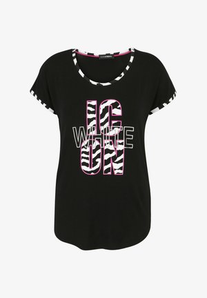 Black T-shirt with short sleeves, zebra-patterned trim at neckline and sleeves, featuring bold "ON WHITE" text in white and pink.