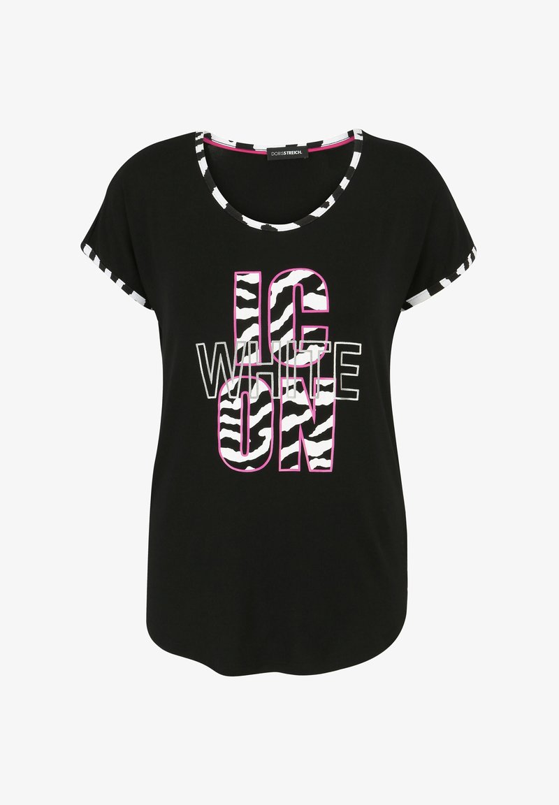 Schwarzes T-Shirt mit kurzen Ärmeln, zebra-musteriger Besatz am Halsausschnitt und an den Ärmeln, mit fettgedrucktem "ON WHITE" Text in Weiß und Pink.