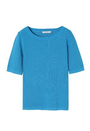 Top de manga corta acanalado en azul brillante, con un escote amplio y una textura suave, diseñado para un ajuste holgado.