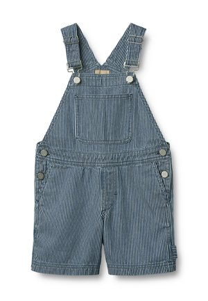 Peto vaquero a rayas azules y blancas con tirantes ajustables, herrajes metálicos y bolsillo frontal. Pantalones cortos con dobladillos.