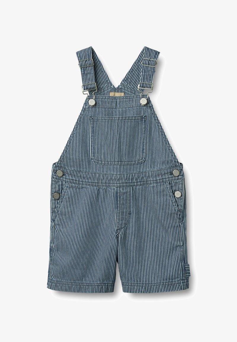 Blau-weiß gestreifte Denim-Latzhose mit verstellbaren Schulterriemen, Metallschnallen und einer Fronttasche. Kurze Hosen mit gesäumten Kanten.
